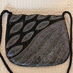 Vintage Hand-Beaded Black & Silver Sequin Evening Bag - 1980s Art Deco Style